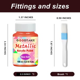 GOODTAKE Metallic Acrylic Paint | 3.5 Fl.Oz (100ml) Metallic Paint | Vibrant Shimmering Colors for Art, Crafts & DIY Painting | Ideal For Canvas Metal Stone Glass Clay Fabric | With Brushs (Rose Gold)