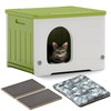 TSEHOOHOO Plastic Cat House for Outdoor Indoor Use, Stackable Feral Cat Shelter Indoor Cat House Insulated Weatherproof Waterproof Elevated with Cat Scratching Board & Cushion (Green)