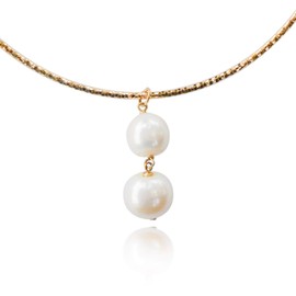 10K Yellow Gold Omega Choker Necklace Handmade with Stunning Dual White Freshwater Pearl Pendant, Simple and Beautiful Drop Necklace