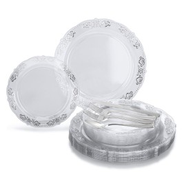" OCCASIONS " 360 Pcs set (60 guest) Wedding Disposable Plastic Plate and Silverware Combo 10.25" + 7.5" + Silverware (Double Fork) (Portofino Clear & Silver, Silver Silverware)