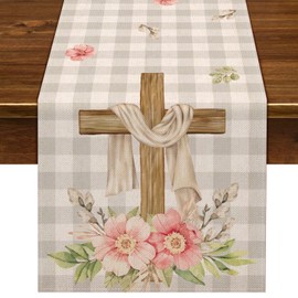 Nepnuser He is Risen Buffalo Check Table Runner 72inches Long Easter Christian Cross Spring Flower Holiday Decoration Floral Home Kitchen Dining Room Decor