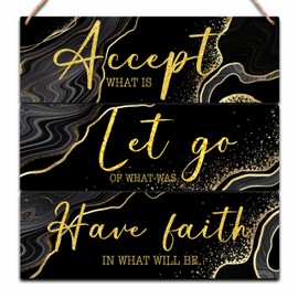 OXRUN 3 PCS Inspirational Wood Wall Art, Black and Gold Wall Hanging Bedroom Office Decor, Accept Let Go Have Faith Quotes for Living Room Bathroom - A03