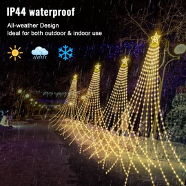 HELESIN Solar Outdoor Christmas Decorations Lights, 350LED Christmas Star Tree Light wth Remote Control, 8 Modes Waterfall Lights USB Charge for Holiday Xmas Tree Patio Yard Decor, Warm White