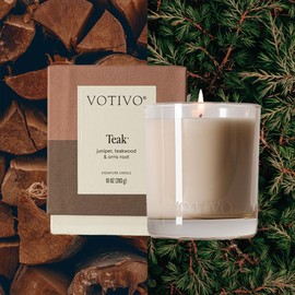 Votivo Teak 10 oz Signature Candle | Soy Wax Blend | Woody Outdoors Scent | Luxury Glass Jar Scented Candle & Box | Candles for Home Scented | Candle Gifts | Highly Scented