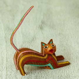 NOVICA Multicolor Wood Alebrije Sculpture from Mexico 'Relaxed Cat'