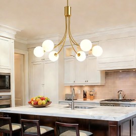 Zqoyn 6-Light Sputnik Chandelier Modern Brushed Brass Dining Room Light Fixture Mid Century Gold Chandelier with Milk Glass Hanging Pendant for Kitchen Island Dining Room, Living Room, Bedroom, Foyer
