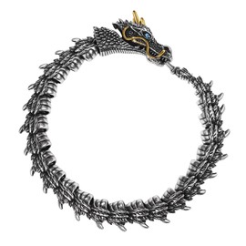 Flongo Dragon Snake Bracelet for Men: Gothic Viking Stainless Steel Flexible Bendable Dragon Head with Gold Horns Snake Chain Snake Bracelet Punk Bully Vintage Mystery Bracelet Bangle Silver, 21 cm,