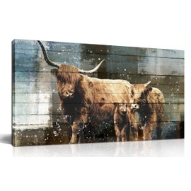 ZHAOSHOP Highland Cow Canvas Wall-Art - Brown Cow Western Wall Art for Living Room Large Size - Bull Bedroom Wall Art Stretched and Framed Ready to Hang 40" W x 20" H