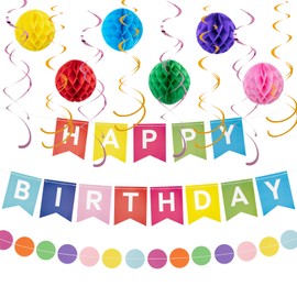 Kriovoa Happy Birthday Banner, Colourful Happy Birthday Decorations, Rainbow Birthday Banner Bunting for Girls Boys Women Men with Honeycomb Ball, Streamer for Birthday Party Decorations.