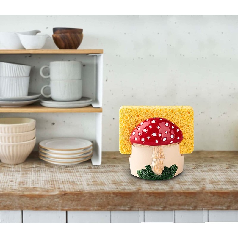 dgudgu Mushroom Kitchen Sponge Holder Resin Sponge Dish Red Sponge