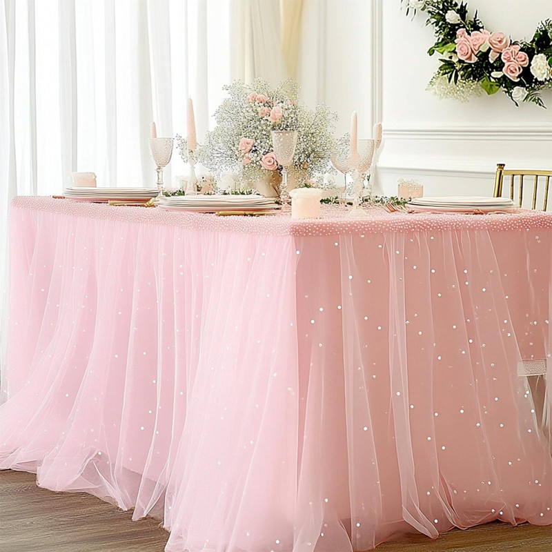 PATIKIL 10Ft Pearl Table Runner, Sheer Tulle Fabric Lace Tablecloth