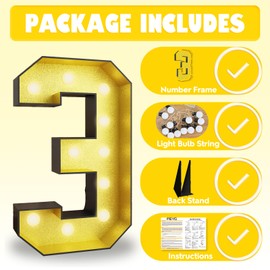4FT Marquee, 3 Numbers, Light Up 3 Glitter Gold Giant Marquee Mosaic Numbers Frame, DIY Frame Pre-Cut Foam Board Kit