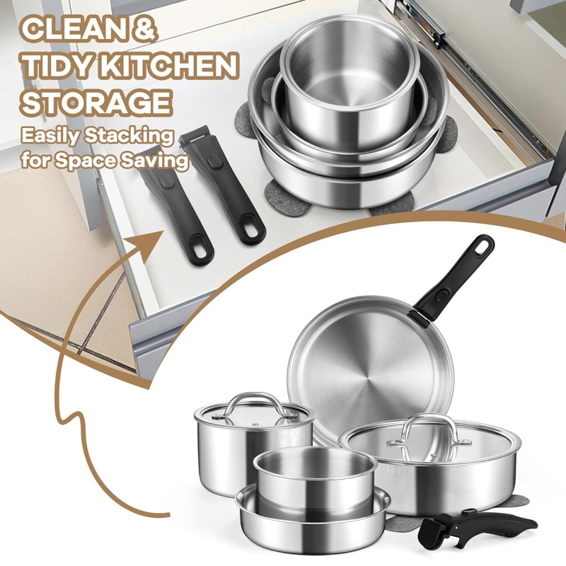 E-far 9pcs Stainless Steel Cookware Set, 3-Ply Pots and Pans