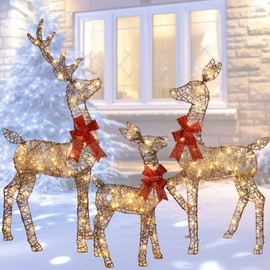 3-Piece 2D Lighted Christmas Deer Family Set - HOYECHI Large Outdoor Yard Reindeer Holiday Decoration with 145 LED Lights, Stakes, Zip Ties - Gold