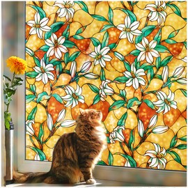 Coavas Decorative Window Privacy Film, Heat Control Sun Blocking Stained Glass Window Film, Floral Design Static Cling, Non Adhesive Windows Tint for Bathroom Front Door(Vinyl, 47.2" x 78.7 ")