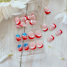 24Pcs 4th of July Press on Nails Short Square Fake Nails Glitter American Flag Nails Design Independence Day False Nails Acrylic Artificial Nails French Tip Glue on Nails for Women DIY Manicure Decor