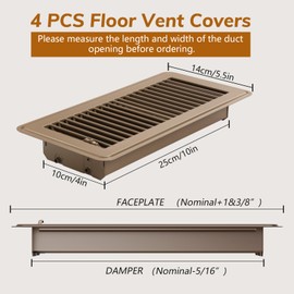 Floor Vents Floor Registers 4x10 Inch, Heavy Duty Metal Hot Air Vent Covers 4x10 Inch with Rust-Proof Finish for Home Heater Floor Vent Grilles and Vents(4, Brown, 4x10 Inches)