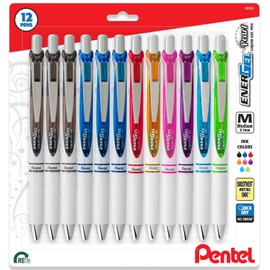 Pentel Energel 0.7mm Pearl Liquid Gel Pens - 12 Pack of Medium Point Ink Energel Pens for Writing - Metal tip - Work Form Home Pack - Assorted Colors