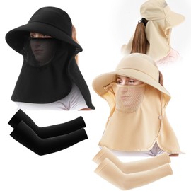 Yearntown 4 Pcs Ponytail Sun Hat Wide Brim Fishing Hat with Removable Breathable Face Cover & Neck Flap & Cooling Arm Sleeves Outdoor UPF 50+ Sun Protection for Women Fishing Hiking Garden
