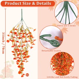 TURNMEON 4 Pcs Artificial Hanging Flowers Fake Mums for Outdoors Fall Decorations, UV Resistant Hanging Plants Faux Silk Daisy Flowers for Outside Gardens Porch Planter Wall Home Indoor (Orange)