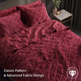 PHF Luxury Velvet Quilt Set Twin Size, Lightweight Velvet Comforter, Ultra Soft Cross Stich Quilted Bedding Set, Home Decor Bedspread 68" x 92"with 1 Pillow Sham 20" x 26", Wine Red
