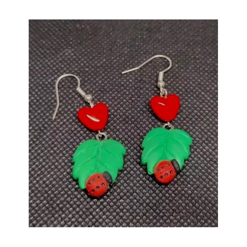 Ladybug on Leaf Dangle Earrings