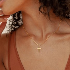 HANLI Gold Cross Necklaces for Women Trendy - 14K Gold Plated Cross Small Pendants Necklaces Womens Dainty Cross Box Chain Necklace Simple Jewelry