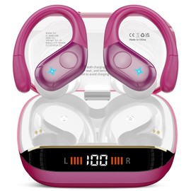 Qecnato Bluetooth Headphones Sport, 75H, In-Ear Headphones Wireless Bluetooth 5.4, HiFi Stereo, Earphones with 4 HD ENC Mic, LED Display, IP7 Waterproof Wireless Headset with Ear Hooks, Rose Red