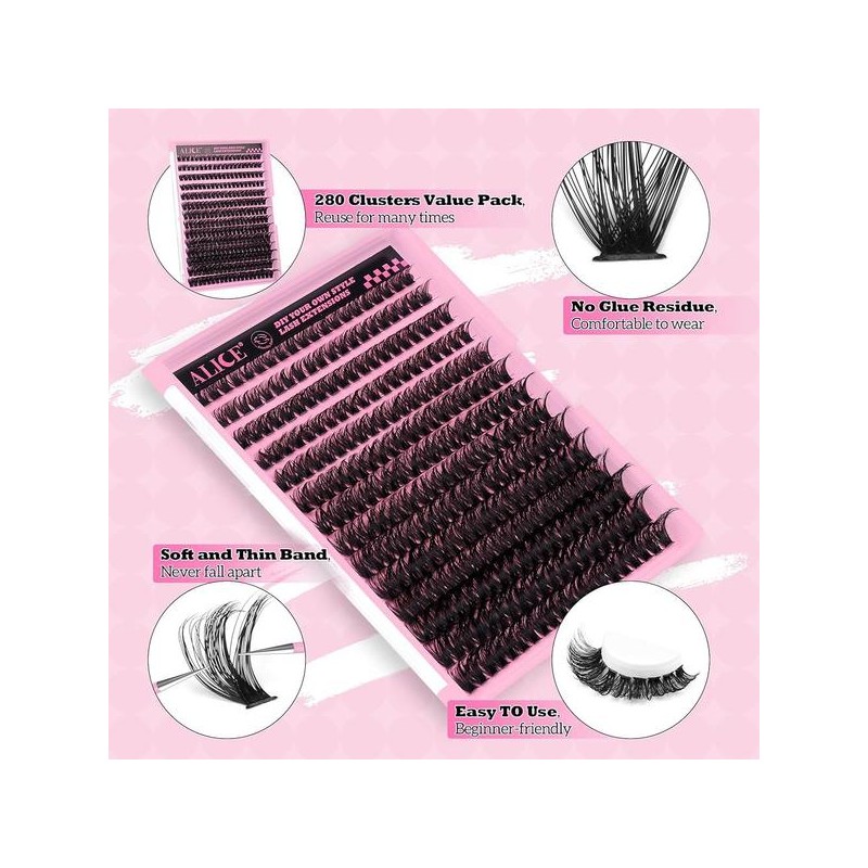 ALICE 280Pcs 위스피 개별 속눈썹 DIY 연장 8-16MM D-컬리 클러스터