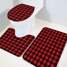 3 Pieces Bathroom Rugs and Mats Sets, Non Slip Water Absorbent Bath Rug, Toilet Seat/Lid Cover, U-Shaped Toilet Mat, Home Decor Doormats - Red Black Buffalo