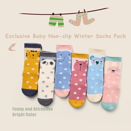 Aisyee Baby Warm Socks Baby Boys Thick Winter Socks ABS Socks Baby Girls Non-Slip Socks 6 Pairs, Mix Girls Animal Print, 0 - 12 months