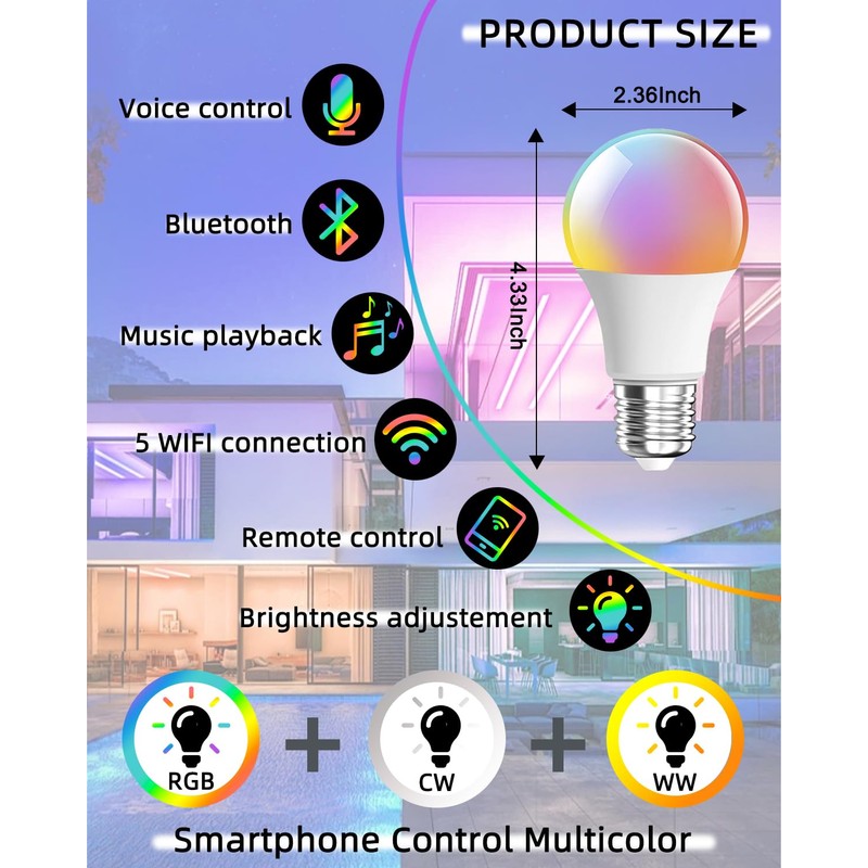 LEDGUHON 4-Pack 9W E27 Smart Light Bulb, RGBWW 16M Colors,