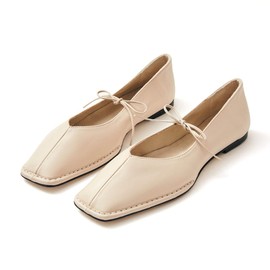 SUIARA Ivory Lace up Ballet Flats Women Square Toe Mary Janes Flats Bow Slip On Leather Cute Ballerina Shoes Cream Size 5