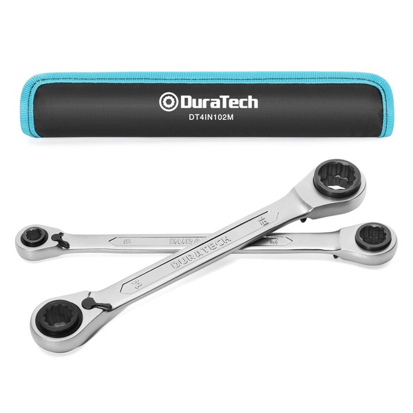 DURATECH Double Ring Ratchet Spanner Set 4-in-1, Reversible Ratchet Ring Spanner, 2-Piece, Metric, 8, 10, 12, 13 & 14, 15, 17, 19 mm, with Roll Pouch