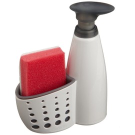 Casabella Sink Sider Kitchen Soap Pump and Sponge Caddy, White/Gray
