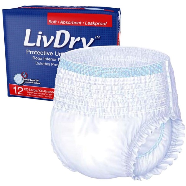 LivDry Adult XXL Incontinence Underwear, Extra Comfort Absorbency, Leak Protection, XX-Large, 12-Pack