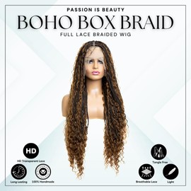 PIB Single Full Lace Braid Wig Bohemian Box Braided Wig, Knotless Braided Wigs for Black Women, Synthetic Lace Wigs with Natural Baby Hair (#1B30 Off Black and Brown, 32")