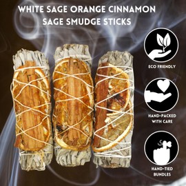 Soul Sticks 3 Pack White Sage Orange Cinnamon Sage Smudge Sticks for Money Cleansing House, Abundance, Money, Negative Energy Cleanse, and Smudging with Starter Guide | 4 Inch Bundles