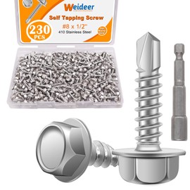 weideer 230pcs #8×1/2" Self Tapping Screws Sheet Metal Screws 410 Stainless Steel Hex Washer Head Self Drilling Screws Quick Tapping Screw with Screwdriver Bit K-132-13-230P-W