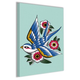 Hippowarehouse Blue Swallow Bird Flowers Oldschool Retro Tattoo Style Vintage Printed Canvas 41cmx61cm Wall Art Design Classroom Gym Room Home Office DÃƒ©cor