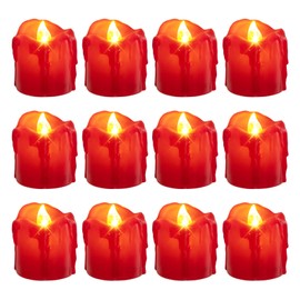 Windshell Red Base Warm White Flickering Flame Electric Votive Candles (1.6" D x 1.8" H), 6H Timer/Melting Design, Battery Operated LED Flameless Tea Lights, Pack of 12