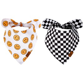 JarThenaAMCS 2Pcs One Happy Dude Dog Bandana Boho Smile Face Checkerboard Print Fabric Pet Scarf Medium Sizes Adjustable Pet Neckerchief Dog Bibs for Birthday Costume Accessories