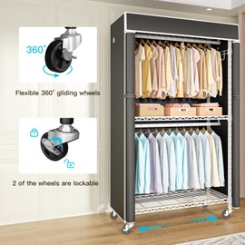FUTASSI White Clothing Rack with Black Cover, P1C Rolling Closet Rack with Wheels, Metal Garment Rack for Hanging Clothes, Clothing Storage Wardrobe, 36.2" W x 16.5" D x 78.7" H, Load 450 Pounds