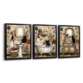 sechars Vintage Bathroom Wall Art Black Cats Painting Pictures Framed Bathroom Decor Canvas Print