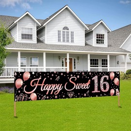 16th Birthday Decorations for Girls, Sweet 16 Birthday Banner Black and Rose Gold, Fabric Sign 16th Birthday Poster for Girls Birthday Party Welcome Sign Garden Decoration