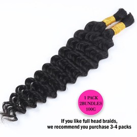 Unipearl Deep Curly Human Braiding Hair for Boho Braids 16 Inch 100g，#1B Natural Black Wave Wave Bulk Human Hair Extensions Wet and Wavy 2 Bundles