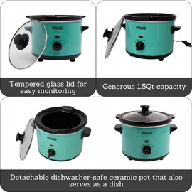 IMUSA Small Slow Cooker 1.5 QT, 3 Heat Settings, Removable Ceramic Pot, Teal
