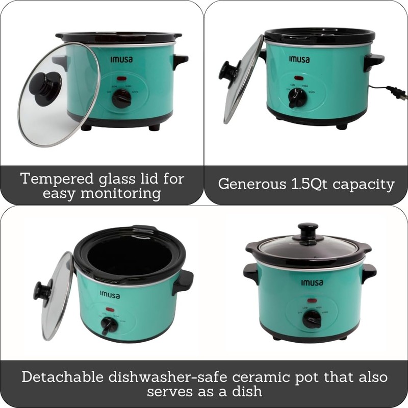 IMUSA Small Slow Cooker 1.5 QT, 3 Heat Settings, Removable