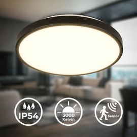 B.K.Licht - LED Ceiling Light with Motion Sensor, 3 m Range, IP54, Warm White Light, 95 Degree Detection, LED Ceiling Light, Lamp, Bathroom Lamp, Kitchen Lamp, 29 x 7.5 cm, Black