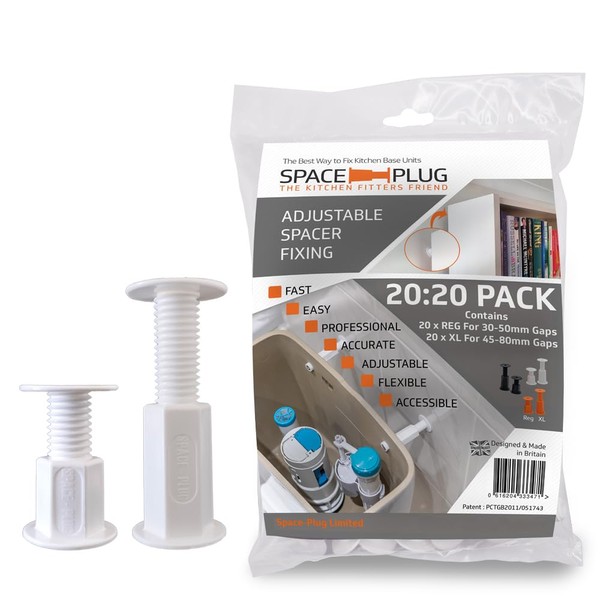 Space-Plug Adjustable Spacer Fixings, 40 Pack of White Spacers, (20